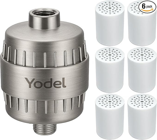Yodel Shower Filter with 6 Cartridge Brushed Nickel - Hard Water Softener, 99% Removes Chlorine & Impurities, Improves Skin & Hair Condition, Universal Fit for Shower Heads