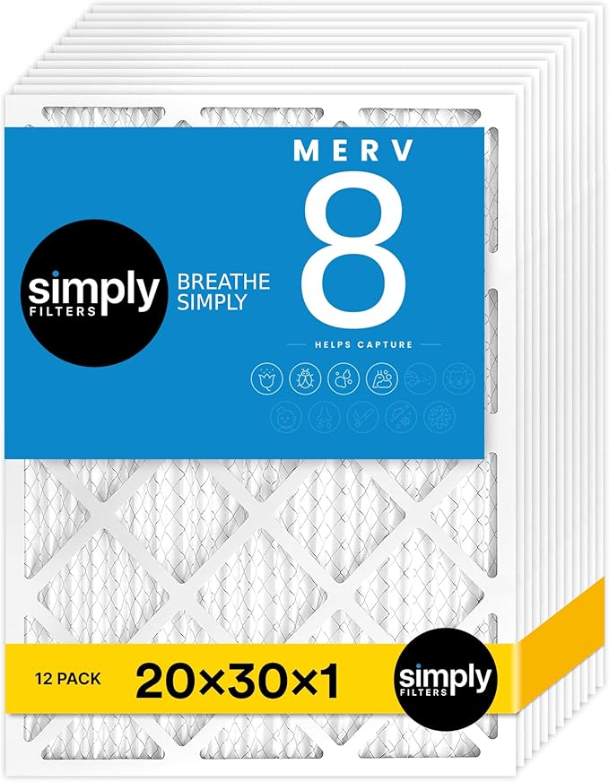 Simply 20x30x1 Air Filter, Merv 8, 12 Pack, For Home AC Furnace & HVAC (Actual Size: 19.94"x29.94"x0.75") DUST, Pet, & Allergy Control