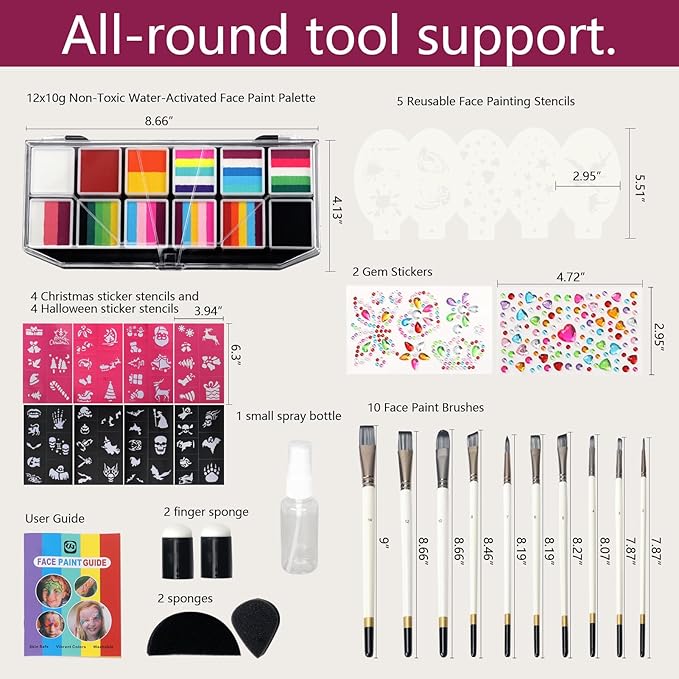 12-Color Water-Activated Professional Face Paint Kit with 10 Brushes, 4 Christmas & 4 Halloween Sticker Stencils – Non-Toxic Washable Face & Body Paint for Kids & Adults