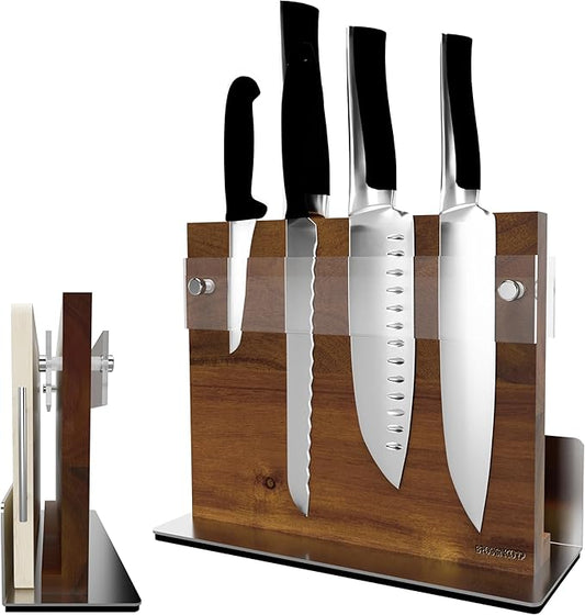 Acacia Magnetic Knife Block Double-Sided for Kitchen Counter Top - Heavy Duty Base & Shatter-Resistant Acrylic Shield, Holds 10-12 Knives, Space Saving Organizer (No Knives Included)