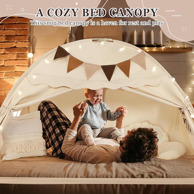 Twin Size Bed Tent Canopy, Kids Play Tent with Flags & Star Lights, Canopy on Bed Privacy Space Sleeping Blackout Tents, Indoor Breathable Portable & Foldable, Girls & Boys Gifts, Cream Castle Style