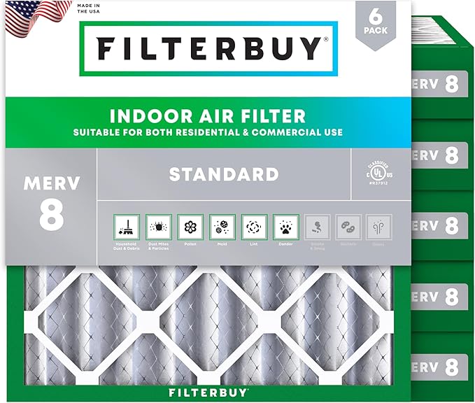 Filterbuy 25x25x4 Air Filter MERV 8 Essential Dust & Allergy Defense (6-Pack), Electrostatic Pleated HVAC AC Furnace Filters Replacement (Actual Size: 24.50 x 24.50 x 3.63)