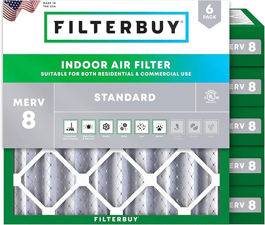 Filterbuy 25x25x4 Air Filter MERV 8 Essential Dust & Allergy Defense (6-Pack), Electrostatic Pleated HVAC AC Furnace Filters Replacement (Actual Size: 24.50 x 24.50 x 3.63)