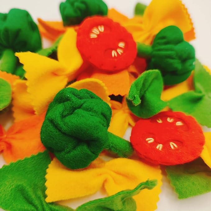 Pasta with broccoli, farfalle, bow tie pasta, felt play food for kids kitchen, pretend play for kids (tri-colors, set 2 (farfalle, broccoli, tomatoes, basil))