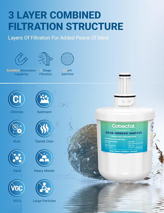 Cobectal DA29-00003G Water Filter Compatible with samsung DA29-00003B, DA29-00003A, Aqua-Pure Plus, HAFCU1, RFG237AARS, FMS-1, RS22HDHPNSR, RSG257AARS,2 Filters