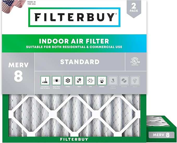 Filterbuy 18x18x2 Air Filter MERV 8 Essential Dust & Allergy Defense (2-Pack), Electrostatic Pleated HVAC AC Furnace Filters Replacement (Actual Size: 17.75 x 17.75 x 1.75)