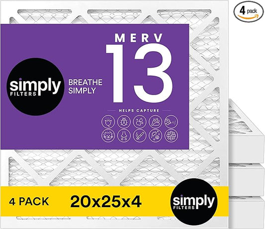 Simply 20x25x4 Air Filter, MERV 13, 4 Pack, Furnace Air Filter for HVAC (Actual Size:19.5"x24.5"x3.63") DUST, Pet, & Allergy Control