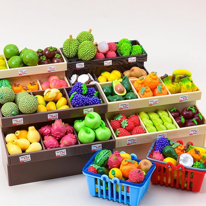 1/20 Scale Mini Realistic Fruit Rack Model, Miniature Kitchen Supermarket Props, Food-Play Accessory Set (Apricot-Colored Rack with Brown Wood-Grain Shelving + 12-Style 60-70 Random Fruits + 2 Fruit B
