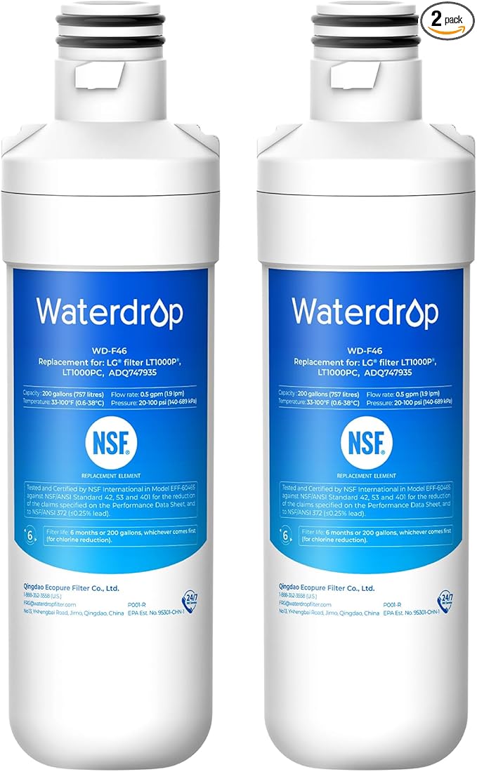 Waterdrop LT1000PC ADQ747935 MDJ64844601 Refrigerator Water Filter, Replacement for LG® LT1000P®, ADQ74793501, ADQ74793502, Kenmore 46-9980, 9980, Pack of 2