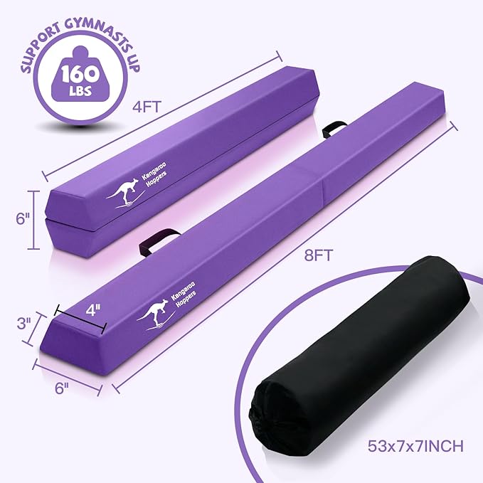 Kangaroo Hoppers Folding & Adjustable Balance Gymnastics Beam for Kids Ages 3-12, Extra Firm Floor Beam for Beginners and Professionals Home Training Equipment with Anti-Slip Foot, 8FT / 40 Inch