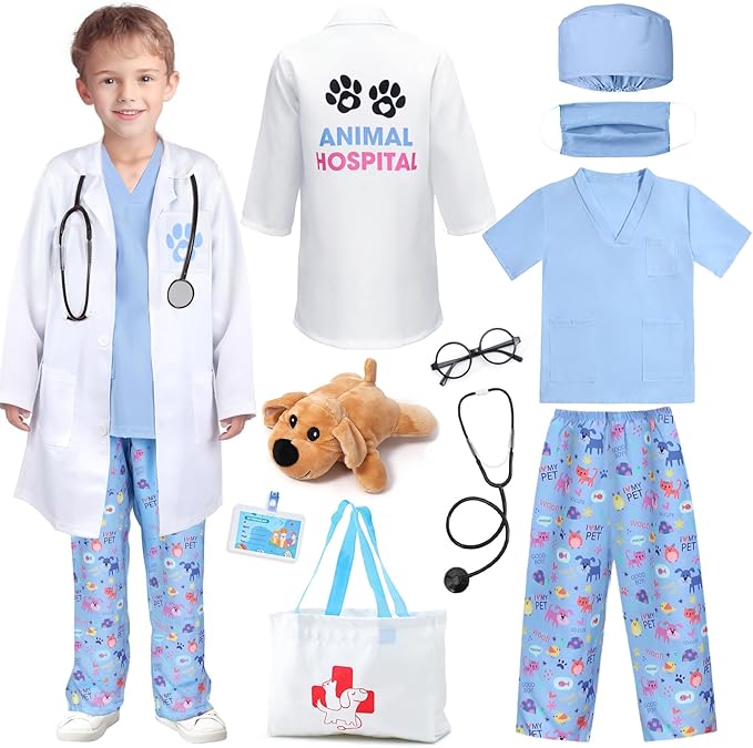G.C Kids Veterinarian Costume Toddler Doctor Kit Scrubs Doctor Vet Costume Play Set Boys Girls Halloween Dress Up Career Day