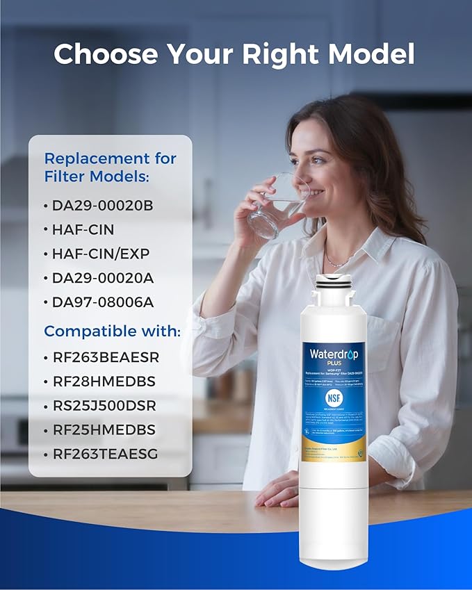 Waterdrop Plus DA29-00020B 𝐍𝐒𝐅 𝟒𝟎𝟏 𝐂𝐞𝐫𝐭𝐢𝐟𝐢𝐞𝐝 Water Filter, Reduce 𝐏𝐅𝐎𝐀/𝐏𝐅𝐎𝐒, Replacement for Samsung® Water Filter HAF-CIN, HDX FMS-2, RF28HMEDBSR, 1 Filter (Package May Vary)