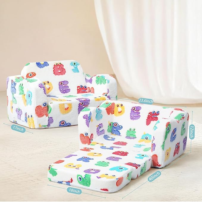 MeMoreCool Glowing Alphabet Monster Kids Chair - 2-in-1 Foldable Kids Couch with Light-Up Letters, Convertible Fold-Out Lounge Seat, Soft Foam Sofa with Washable Cover for Boys and Girls Ages 1-3 | Playroom Seating