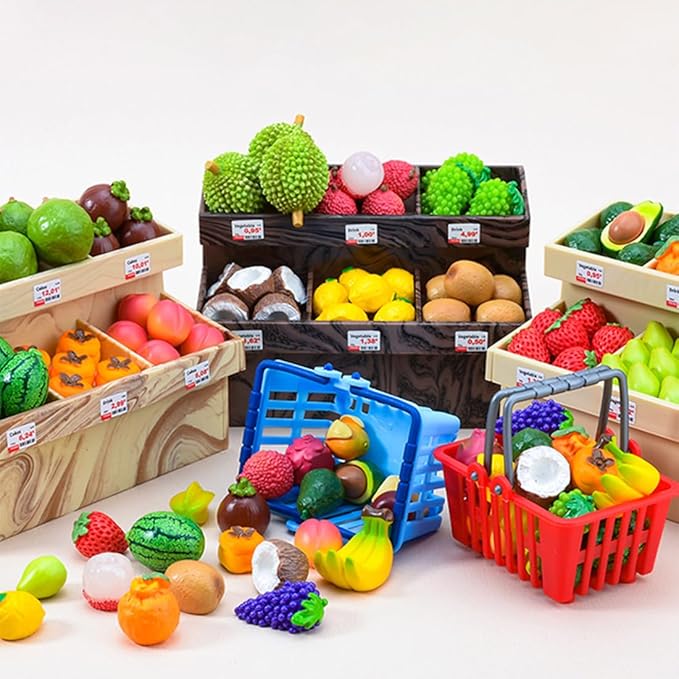 1/20 Scale Mini Realistic Fruit Rack Model, Miniature Kitchen Supermarket Props, Food-Play Accessory Set (Apricot-Colored Rack with Brown Wood-Grain Shelving + 12-Style 60-70 Random Fruits + 2 Fruit B
