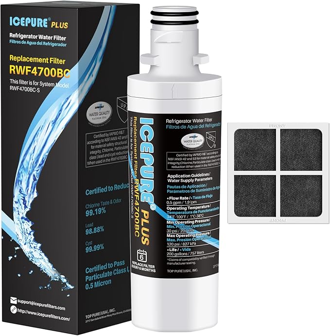 ICEPURE PLUS ADQ747935 NSF/ANSI 53 Certified Replacement for LG LT1000P MDJ64844601, Kenmore Elite 9980, LT1000PC ADQ74793501 LT1000 RWF4700A RWF4700AB Refrigerator Water and LT120F Air Filter, 1Combo