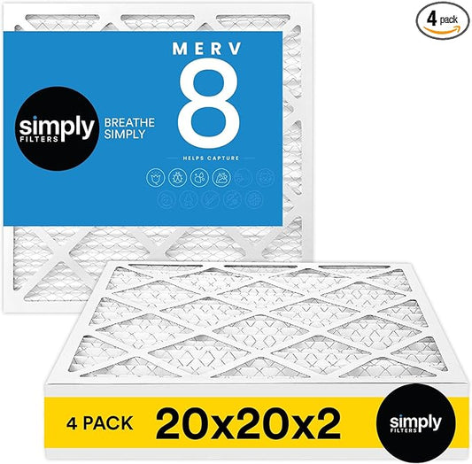 Simply 20x20x2 Air Filter, MERV 8, 4 Pack, Furnace Air Filter for HVAC (Actual Size:19.5"x19.5"x1.75") DUST, Pet, & Allergy Control