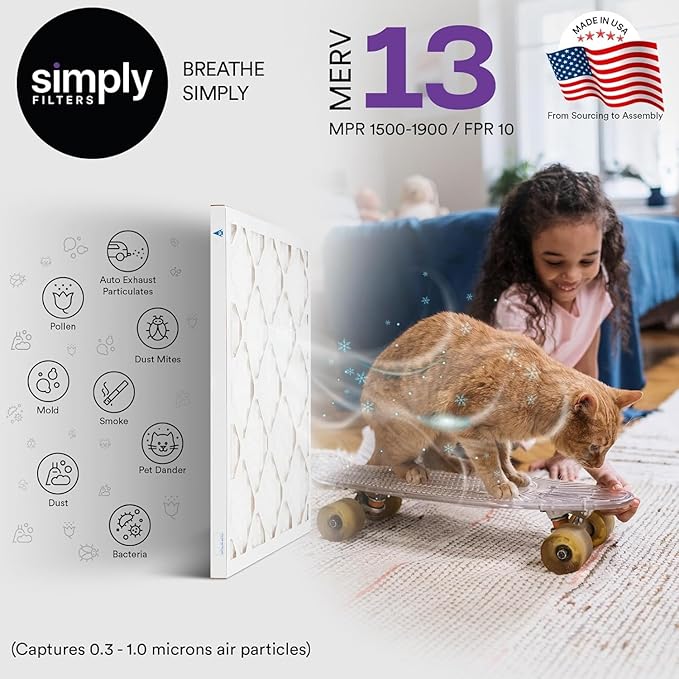Simply 20x20x2 Air Filter, MERV 13, 4 Pack, Furnace Air Filter for HVAC (Actual Size: 19.5"x19.5"x0.75") DUST, Pet & Allergy Control