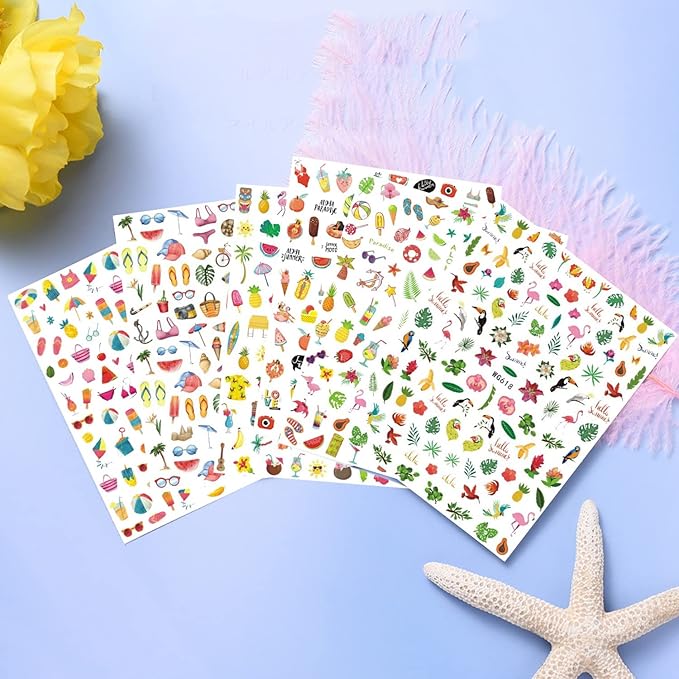 Summer Nail Art Stickers Holographic 3D Self-Adhesive Sticker Design Bikini Flamingo Beach Starfish Fruits Ice Cream Leaf Nail Art Decals for Women Girls Manicure Decoration DIY Nail Decal Supplies