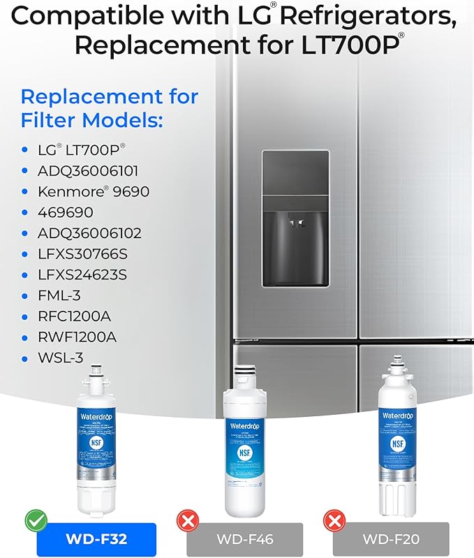 Waterdrop ADQ36006101 Replacement for LG® LT700P® Refrigerator Water Filter & Air Filter, Kenmore® 9690, 469690, ADQ36006102, LFXS30766S, RFC1200A, FML-3 and LT120F® Fresh Air Filter