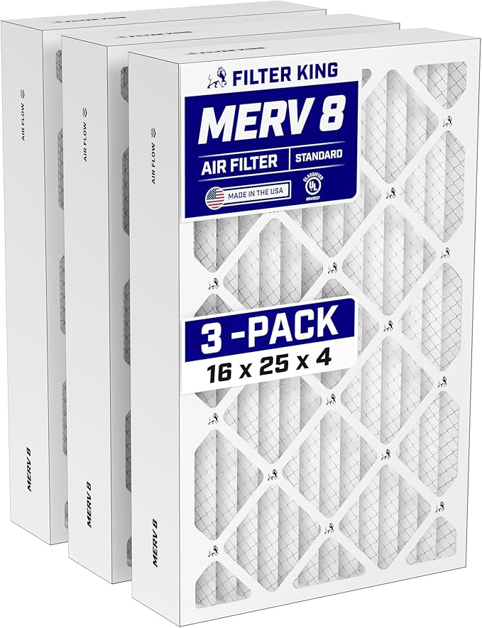 Filter King 16x25x4 Air Filter (MERV 8) (3-Pack) Dust & Allergy Control AC Furnace Filters, MADE IN USA, HVAC, Pleated, Electrostatic (Actual Size: 15.5 x 24.5 x 3.75)