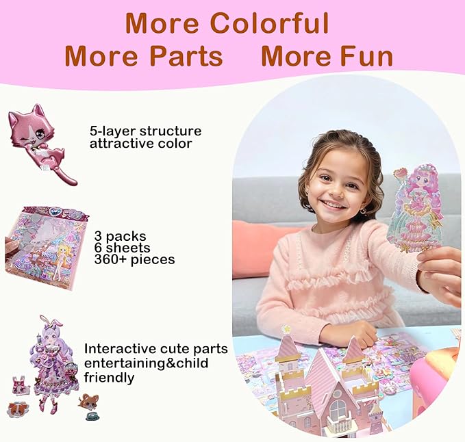 Princess Dress up Sticker Book,Reusable 3D Puffy (3Packs,6 Sheets,360+pieces)with Pearl Gold Color,Pet, Kitchen Baking&Shopping,for Craft Activity Book,Birthday Gift& Busy Book on Road Trip/Air Travel