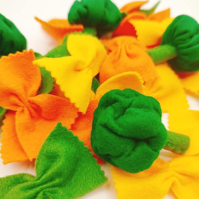 Pasta with broccoli, farfalle, bow tie pasta, felt play food for kids kitchen, pretend play for kids (tri-colors, set 4 (farfalle, broccoli))