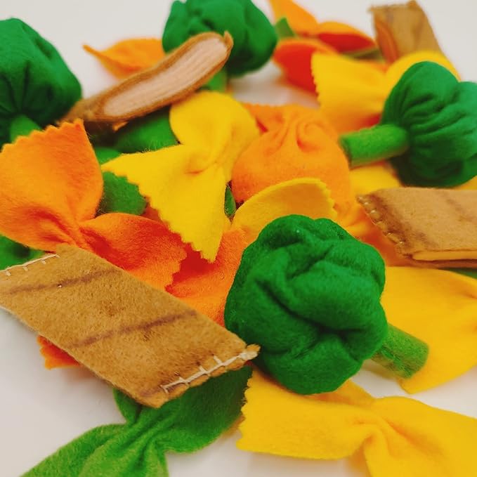 Pasta with broccoli, farfalle, bow tie pasta, felt play food for kids kitchen, pretend play for kids (tri-colors, set 3 (farfalle, broccoli, chicken))
