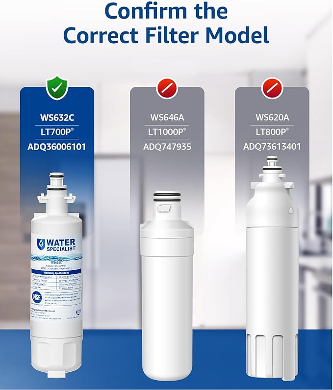 Waterspecialist 469690 ADQ36006101 Refrigerator Water Filter, Replacement for LG® LT700P®, Kenmore® 9690, ADQ36006102, 46-9690, LFXS30766S, WSL-3, FML-3, RFC1200A, 4 Pack