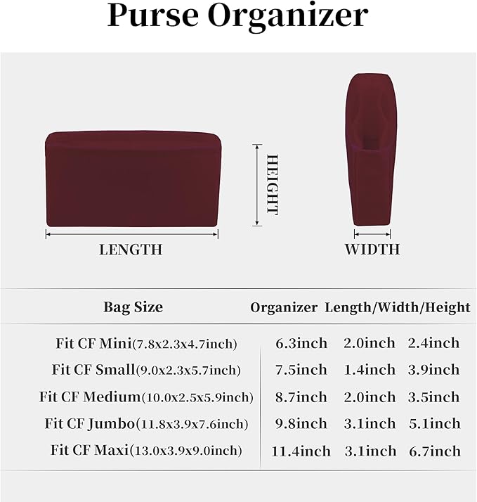 Classic Flap Bag Organizer Insert, Purse Organizer Insert Compatible with Chanel Classic Flap Mini, Lightweight Purse Divider with Pockets (Rouge Grenat, CF Mini)