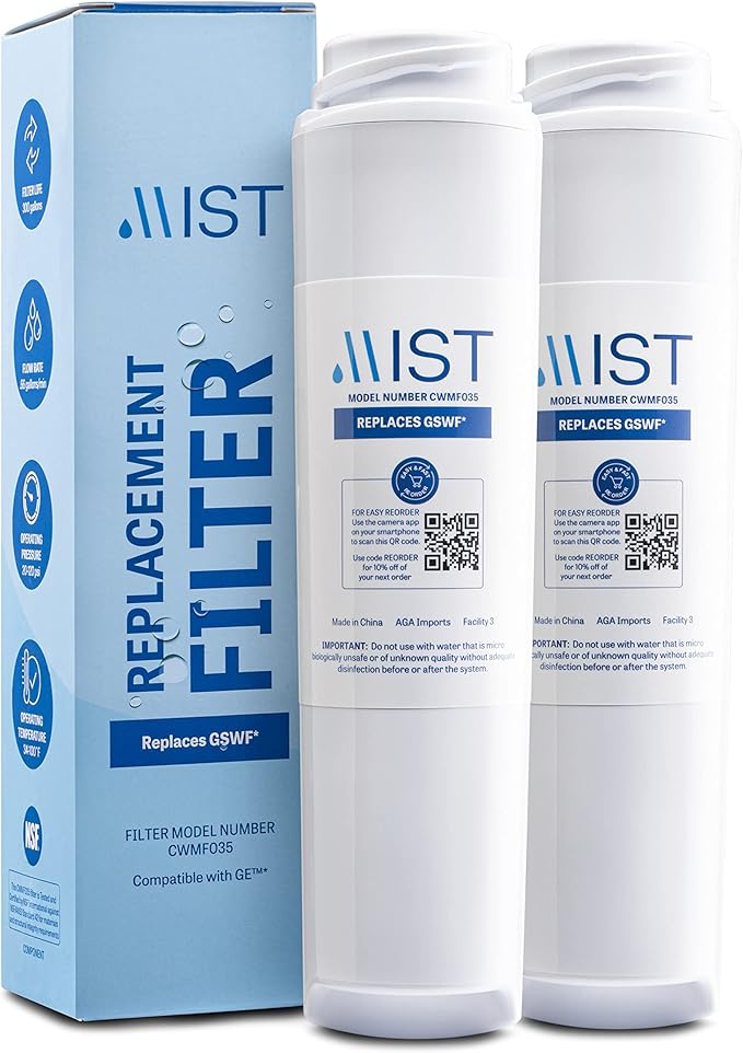 Mist GSWF Water Filter Replacement for GE, Refrigerator Water Filter compatible with GSWF Smart Water, GSWFDS, 100749-C, 100810/A, 238C2334P001, Kenmore 46-9914 (2 pack)