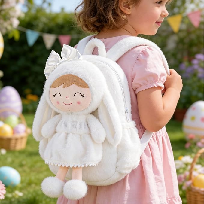 Gloveleya Toddler Backpack Plush Bag with White Bunny Detachable Design 11-inch Gift for Girl