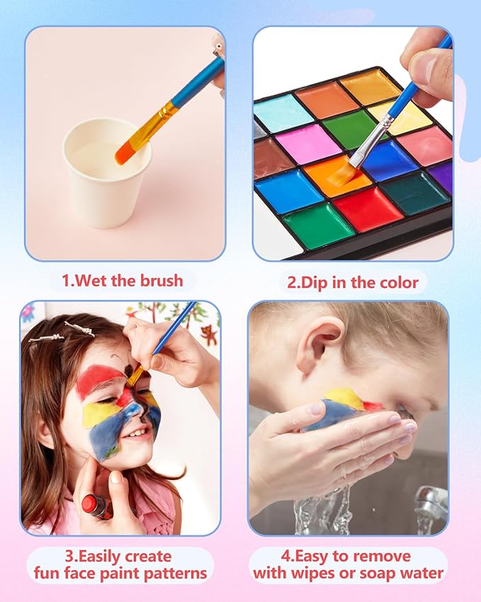 Lictin Water Based Face Paint - 18 Colors Face Painting Kit with Stencils and Brushes, Halloween Makeup Kit for Adults and Kids, Professional Non Toxic Washable