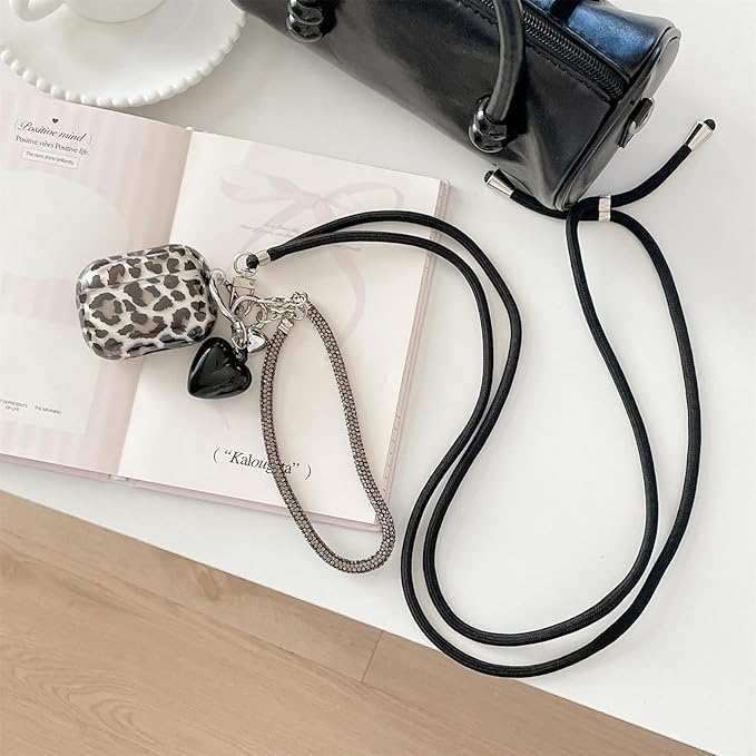 Black Translucent Leopard Print Silicone Case for AirPods Pro 3 (2025) - Cute Shockproof Cover with Detachable Long Neck Lanyard, Travel Keychain, MagSafe Compatible,for Women & Men