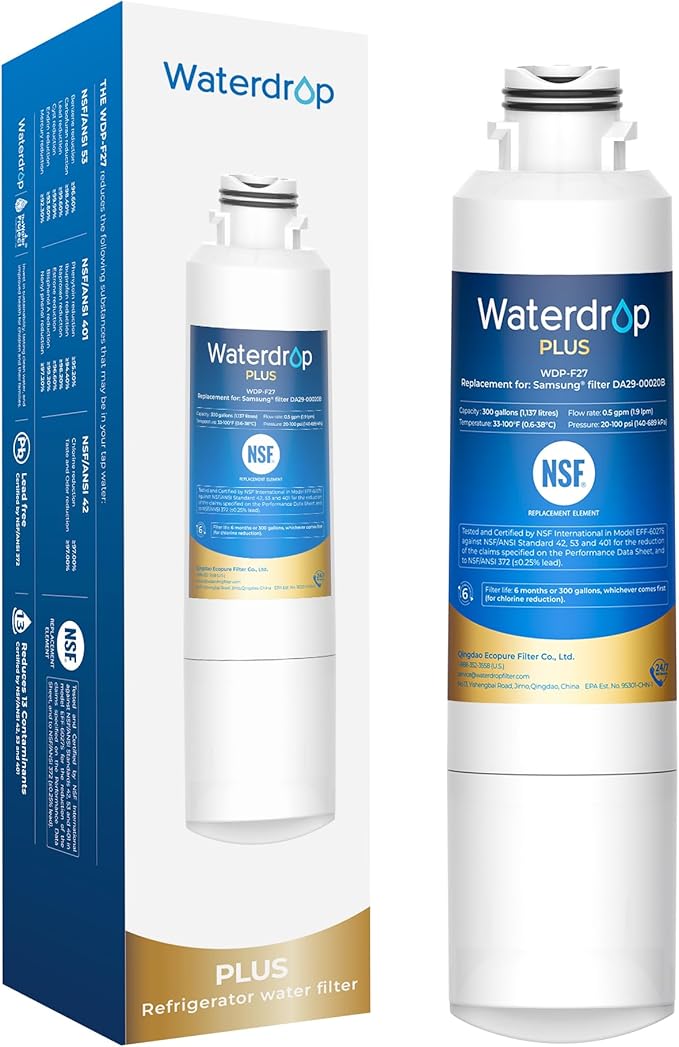 Waterdrop Plus DA29-00020B 𝐍𝐒𝐅 𝟒𝟎𝟏 𝐂𝐞𝐫𝐭𝐢𝐟𝐢𝐞𝐝 Water Filter, Reduce 𝐏𝐅𝐎𝐀/𝐏𝐅𝐎𝐒, Replacement for Samsung® Water Filter HAF-CIN, HDX FMS-2, RF28HMEDBSR, 1 Filter (Package May Vary)