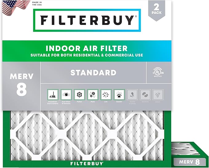 Filterbuy 17x17x1 Air Filter MERV 8 Essential Dust & Allergy Defense (2-Pack), Electrostatic Pleated HVAC AC Furnace Filters Replacement (Actual Size: 17.00 x 17.00 x 0.75)