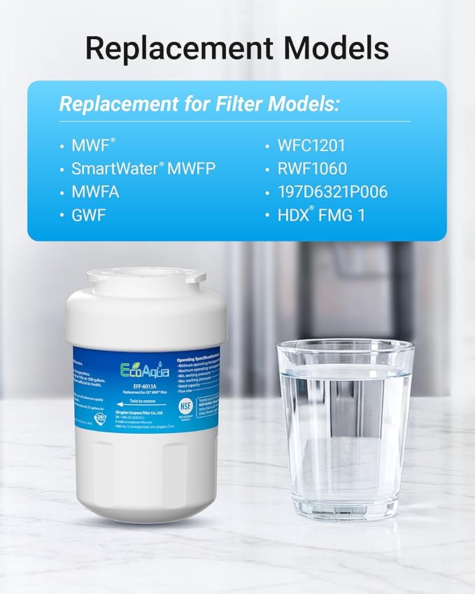 EcoAqua EFF-6013A Replacement Filter, Compatible with GE MWF SmartWater, MWFA, MWFP, GWF, GWFA, 46-9991, HDX FMG-1, WFC1201, GSE25GSHECSS, PC75009, RWF1060 Refrigerator Water Filter, 1 Pack