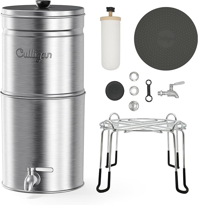 Culligan MaxClear 2.25 Gallon Gravity Water Filter System, Brushed Stainless-Steel Countertop Water Filter NSF/ANSI Certified to Reduce Microplastics, Lead & Total PFAS, with 2 Ceramic Filters