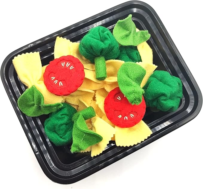 Pasta with broccoli, farfalle, bow tie pasta, felt play food for kids kitchen, pretend play for kids (beige, set 2 (farfalle, broccoli, tomatoes, basil))