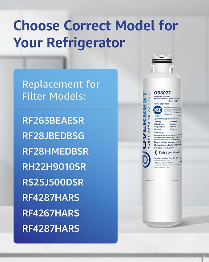 Overbest DA29-00020B Refrigerator Water Filter, Replacement for Samsung® HAF-CIN, 46-9101, RF28HMEDBSR, RF4287HARS, RF263TEAESG, RH22H9010SR, 3 Filters