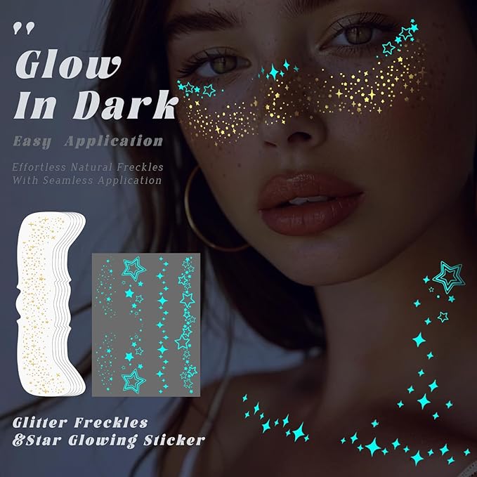 Noerrors Glow in Dark Glitter Freckles Star Gold Freckle Makeup Patches Set Nightglow Sparkle Face Glitter Shimmer Cute Faux Speckles Tattoo Sticker for Singer Music Festival Christmas Party