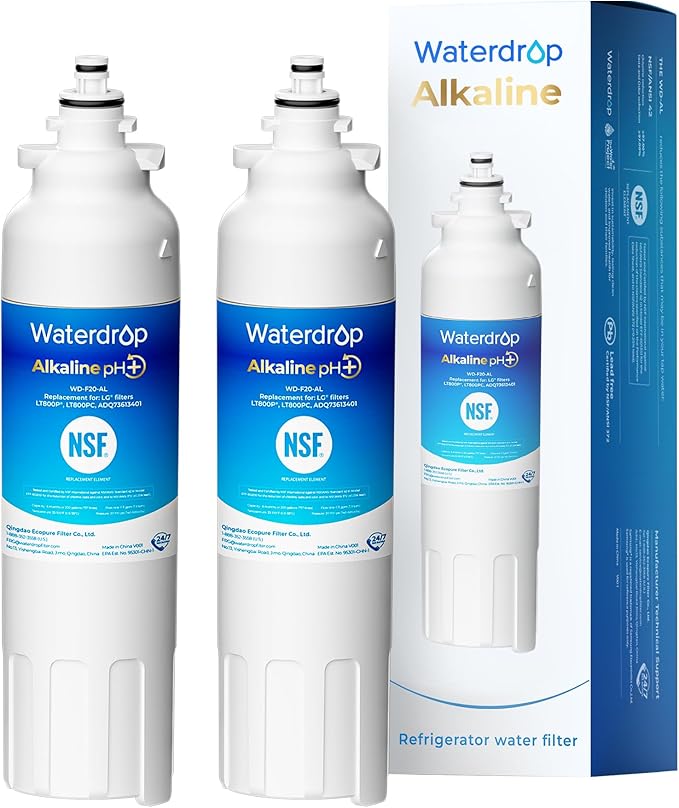 Waterdrop 𝐀𝐥𝐤𝐚𝐥𝐢𝐧𝐞 ADQ73613401 Water Filter, 𝐄𝐧𝐡𝐚𝐧𝐜𝐞𝐬 𝐩𝐇, Replacement for LG® LT800P®, ADQ73613402, ADQ75795104, LSXS26326S, LMXC23746S, LSXS26366S, LSXS26386D, 2 Filters