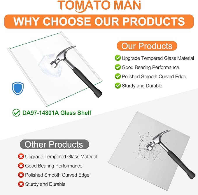 Upgraded DA97-14801A Refrigerator Glass Shelf Compatible with Samsung Fridge Shelf Replacement RH22H9010SR RH22H9010SG Upper Shelves Tempered Glass Samsung Refrigerator Parts Glass Shelves 17.7x13.3