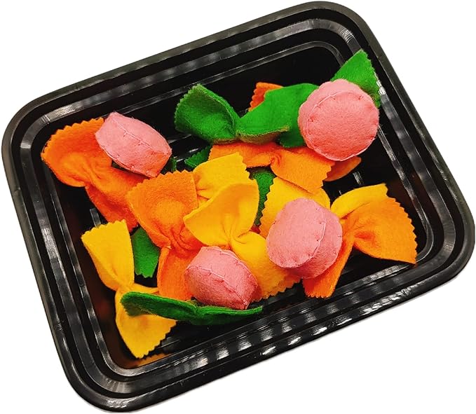 Felt play food Pasta farfalle with sausage for pretend play in kids kitchen, plush fake realistic bow tie (tri-color farfalle, Small set (16 farfalle, 4 sausages))