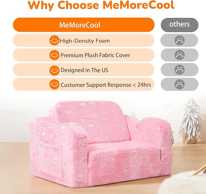 MeMoreCool Glowing Unicorn Kids Chair, 2-in-1 Glow in the Dark Kids Couch Fold Out to Lounger, Comfy Kids Couch for Ages 1-3, Soft Foam Kids Sofa with Washable Cover for Playroom, Girls Boys | Reading, Relaxing