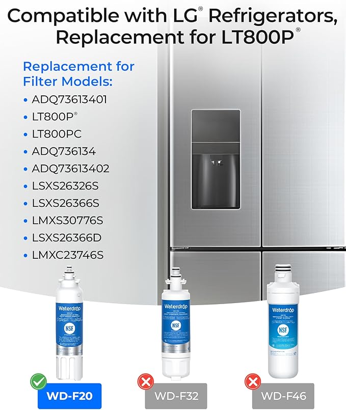 Waterdrop ADQ73613401 Replacement for LG® LT800P®, ADQ73613402, ADQ73613408, ADQ75795104, Kenmore 9490, LSXS26326S, LMXC23746S, LSXS26366S, Refrigerator Water Filter, WD-F20 (Package May Vary)