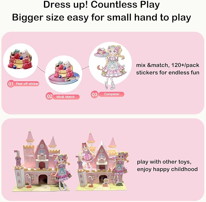 Princess Dress up Sticker Book with Pearl Gold Color(2 Sheets,120+Pieces),3D Puffy Reusable,Unicorn Cafe,for Craft Activity Book,Birthday Gift& Busy Book on Road Trip/Airplane Travel Activities