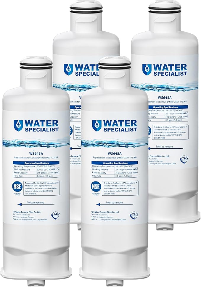 Waterspecialist DA97-17376B Replacement for Samsung® HAF-QIN/EXP, HAF-QIN, DA97-08006C, RF28R7351SG, RF23M8070SR, RF23M8070SG, RF23M8090SG, RF28R7201SR, Refrigerator Water Filter, 4 Pack