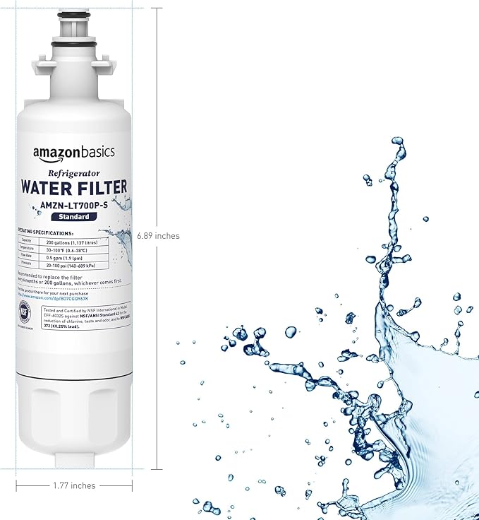 Amazon Basics Replacement LG LT1000P Refrigerator Water Filter, NSF Certified, Reduces Chlorine, 3-Pack