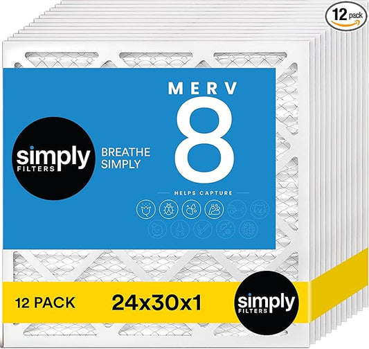 Simply 24x30x1 Air Filter, Merv 8, 12 Pack, For Home AC Furnace & HVAC (Actual Size: 23.94"x29.94"x0.75") DUST, Pet, & Allergy Control