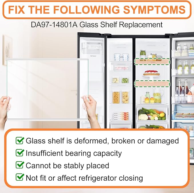 Upgraded DA97-14801A Refrigerator Glass Shelf Compatible with Samsung Fridge Shelf Replacement RH22H9010SR RH22H9010SG Upper Shelves Tempered Glass Samsung Refrigerator Parts Glass Shelves 17.7x13.3